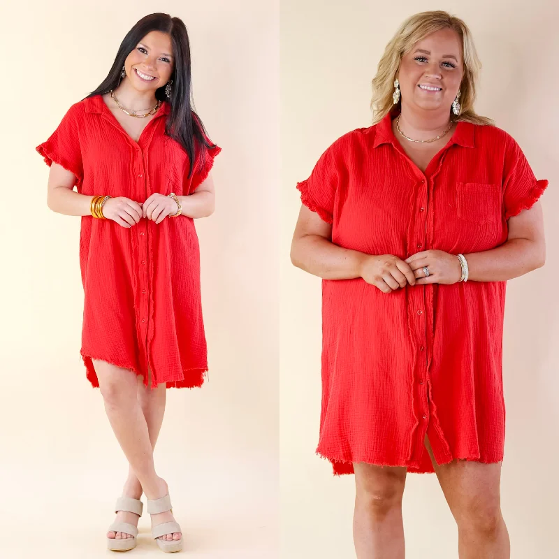 Mini dress with cold shoulder-Spring Glow Button Up Raw Hem Dress in Red