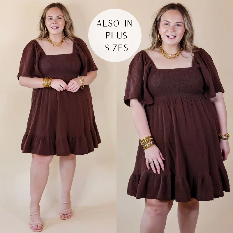 Mini dress with metallic threads-Last Chance Size Medium | Sugary Sweet Smocked Bodice Dress with Ruffle Hem in Brown