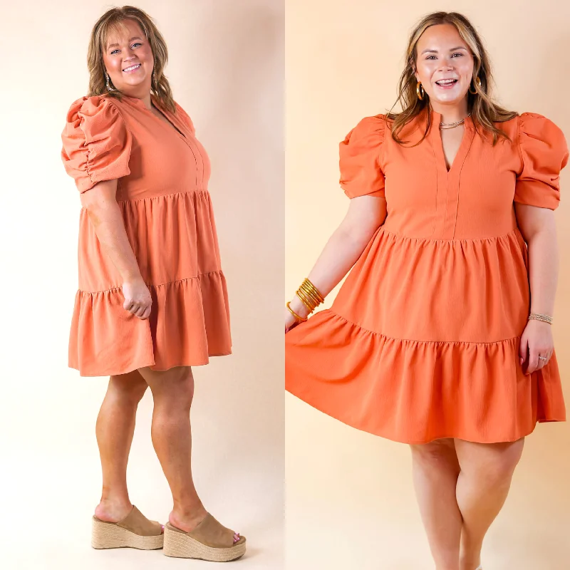 Mini dress with drawstring waist-Call Me Chic Balloon Sleeve Short Dress in Salmon Orange