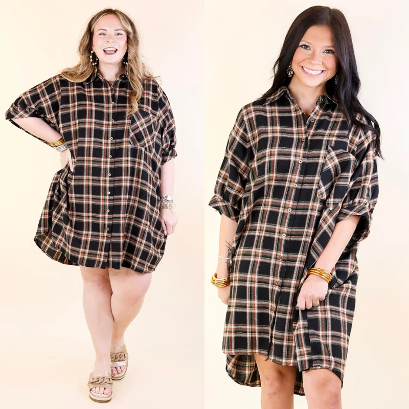 Mini dress with off-shoulder neckline-Cozy And Kind Button Up Plaid Dress in Black