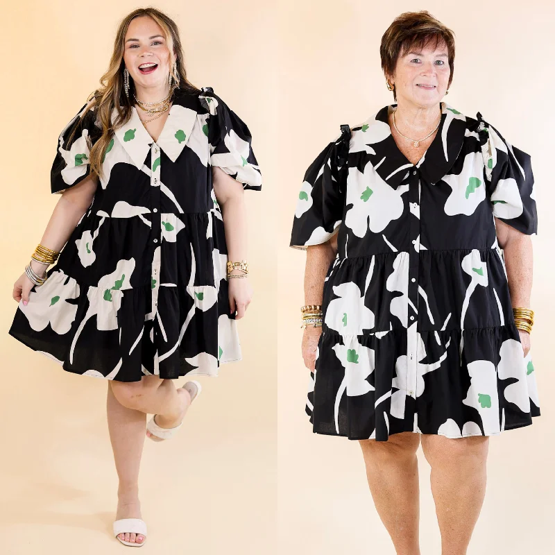 Mini dress with empire waist-Dreamy Delight Green and White Floral Print Button Down Dress with Puff Sleeves in Black