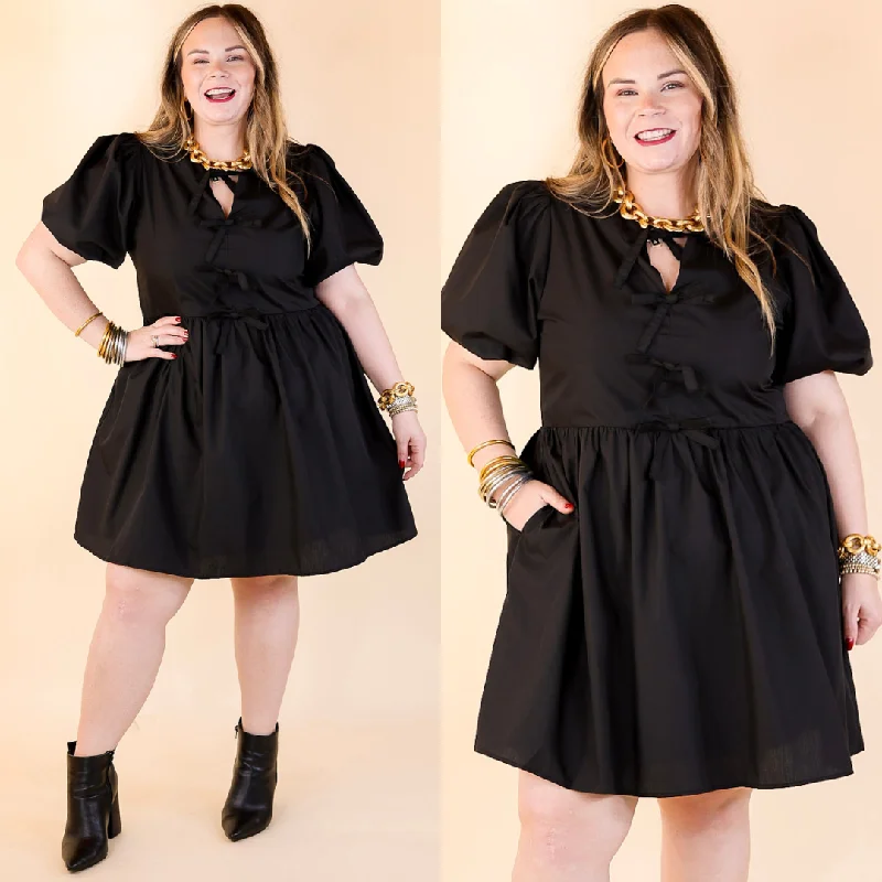 Mini dress with wrap style-Short and Sweet Dress with Short Puff Sleeves and Bows in Black