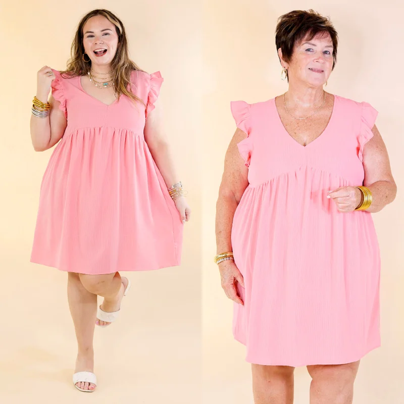 Mini dress with bohemian vibes-Capture Your Attention V Neck Dress with Ruffle Cap Sleeves in Bubblegum Pink