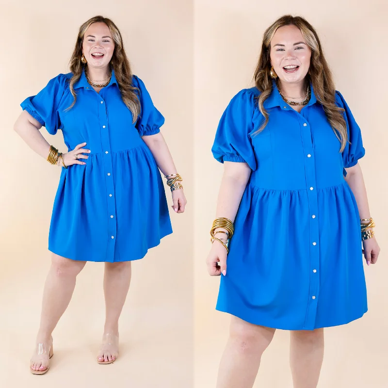 Mini dress for summer-Adventures Ahead Button Up Babydoll Dress in Bright Blue