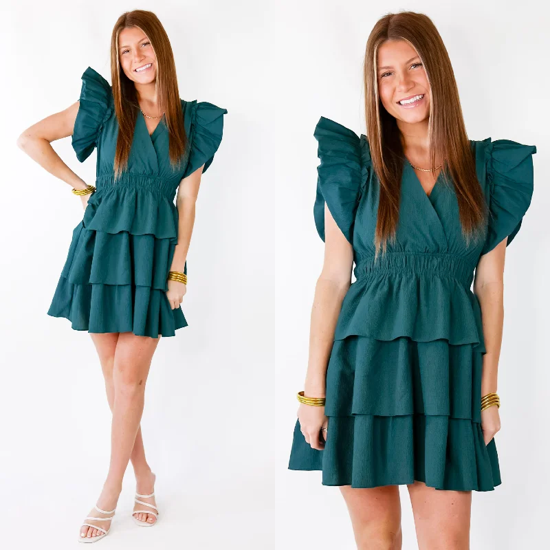 Mini dress with sequin embellishments-The Perfect Night Ruffle Cap Sleeve Dress in Dark Teal