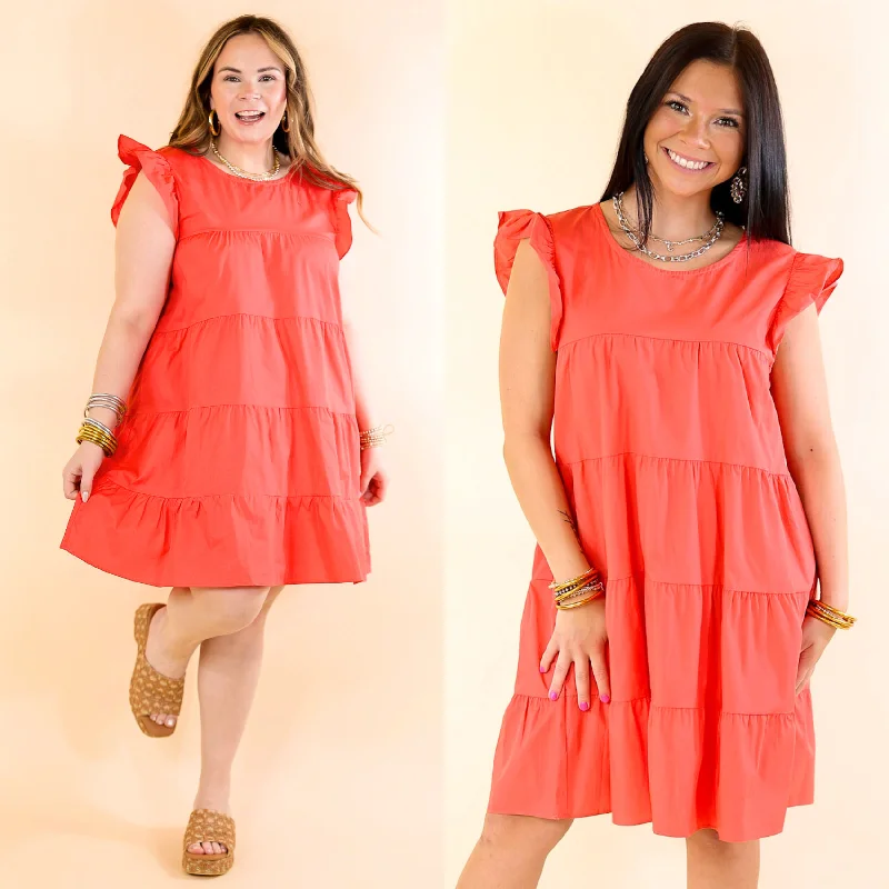 Mini dress with youthful look-Choose Confidence Ruffle Cap Sleeve Tiered Dress in Coral Red