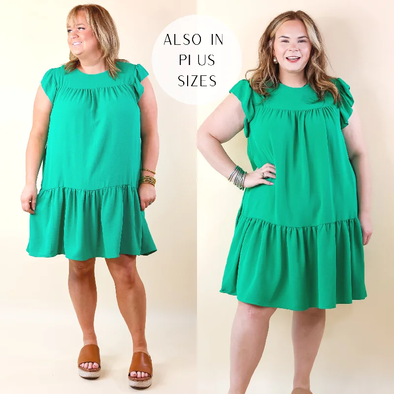 Mini dress with geometric pattern-Greek Isles Solid Dress with Ruffle Cap Sleeves in Green