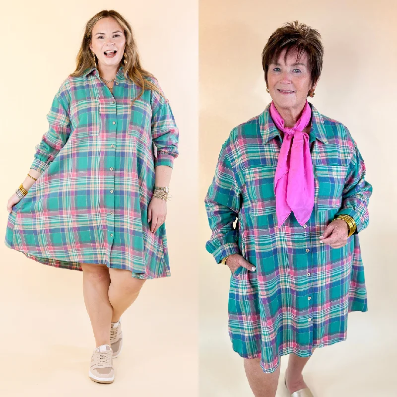 Mini dress with minimalist design-Vibrant Lifestyle Plaid Button Up Dress in Teal and Pink