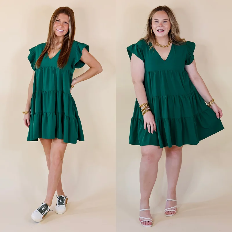 Mini dress with minimalist design-Last Chance Size Medium | Delightful Endeavor Ruffle Cap Sleeve Tiered Dress in Hunter Green