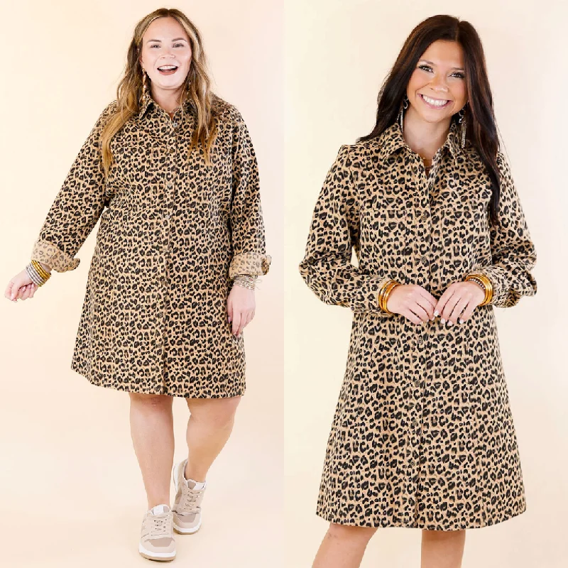 Mini dress with metallic finish-Manhattan Minute Leopard Print Button Up Dress with Long Sleeves