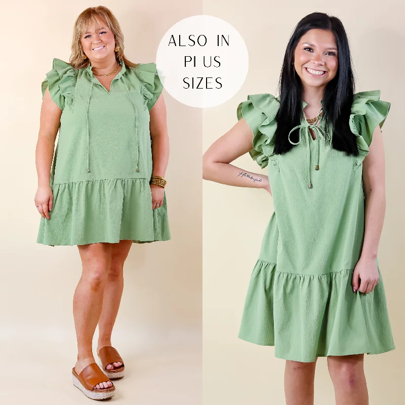 Mini dress with funky flair-Powerful Love Ruffle Cap Sleeve Dress with Keyhole and Tie Neckline in Sage Green