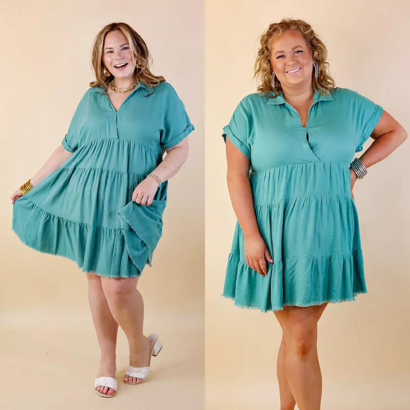 Mini dress with classic stripes-Last Chance Size Small, Large & 1XL | Taos Transitions Ruffle Tiered Collared Dress with Frayed Hem in Turquoise