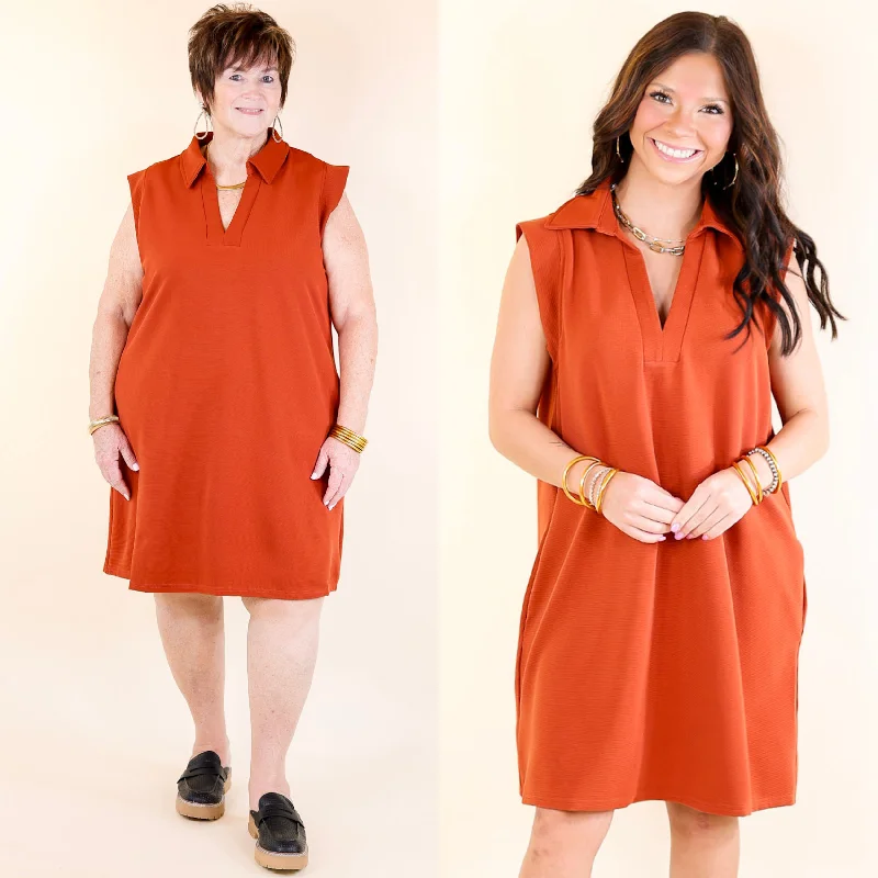 Mini dress with bustier top-Polished Perfection Cap Sleeve Dress with Collar in Rust Orange