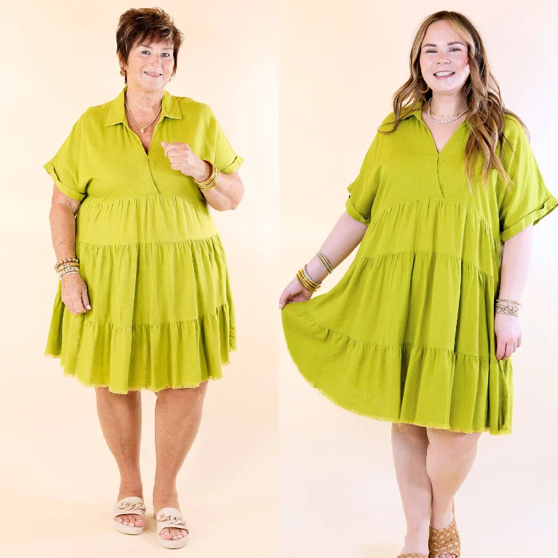 Mini dress with wrap style-Taos Transitions Ruffle Tiered Collared Dress with Frayed Hem in Avocado Green