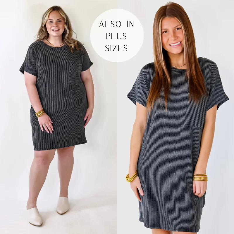 Mini dress with shimmer effect-Coffee and Carefree Ribbed Short Sleeve Dress with Front Pocket in Charcoal