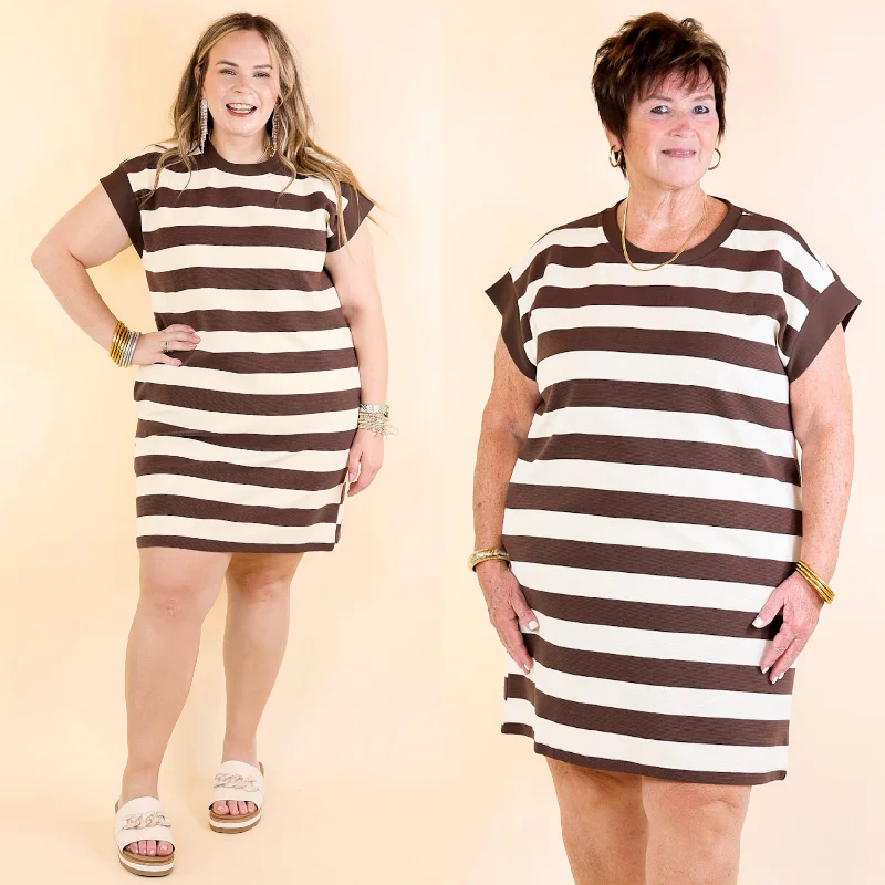 Mini dress with glam touch-Stripe it Simple Striped Dress with Cap Sleeves in Brown and Cream