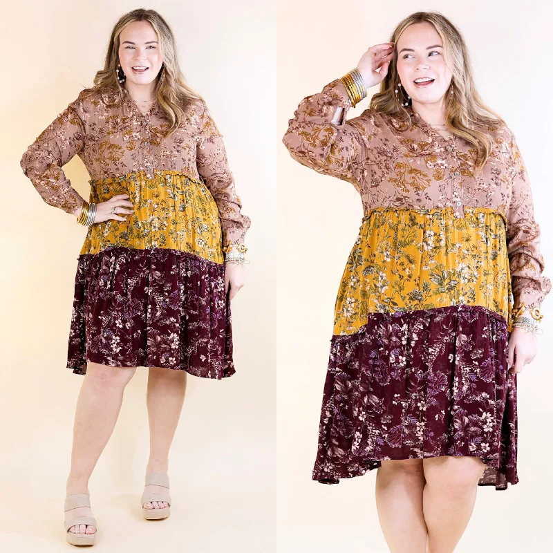 Mini dress with plunging neckline-Among the Flowers Floral Ruffle Tier Long Sleeve Dress in Taupe, Mustard, and Burgundy