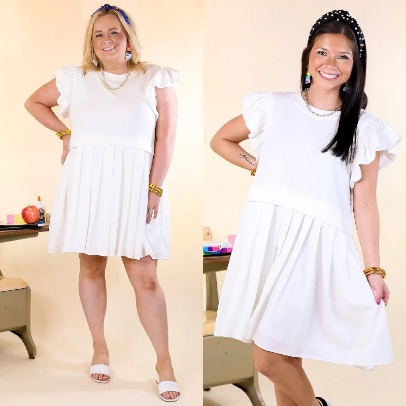 Mini dress with retro flair-Simple Sophistication Solid Color Dress with Ruffle Cap Sleeves in Off White