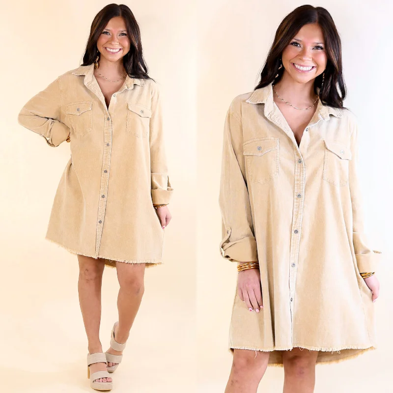 Mini dress with fringe details-Patio Date Button Up Long Sleeve Corduroy Dress in Tan