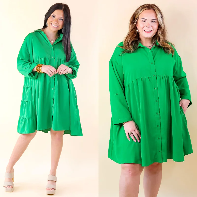 Mini dress with one shoulder-Risky Business Button Up Babydoll Dress in Green