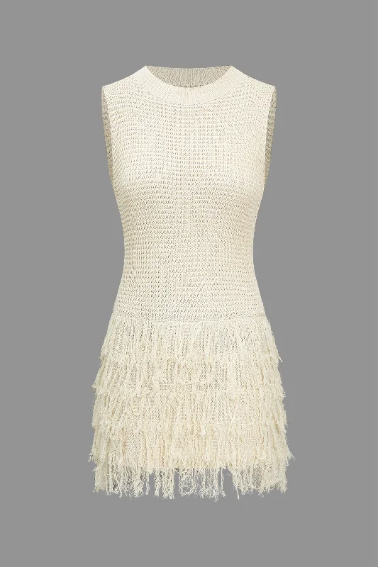 Mini dress with chic design-Knit Fringe Sleeveless Mini Dress