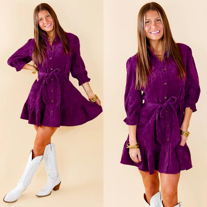 Mini dress with nautical theme-Cinnamon Lane Button Up Corduroy Dress with Waist Tie in Violet Purple