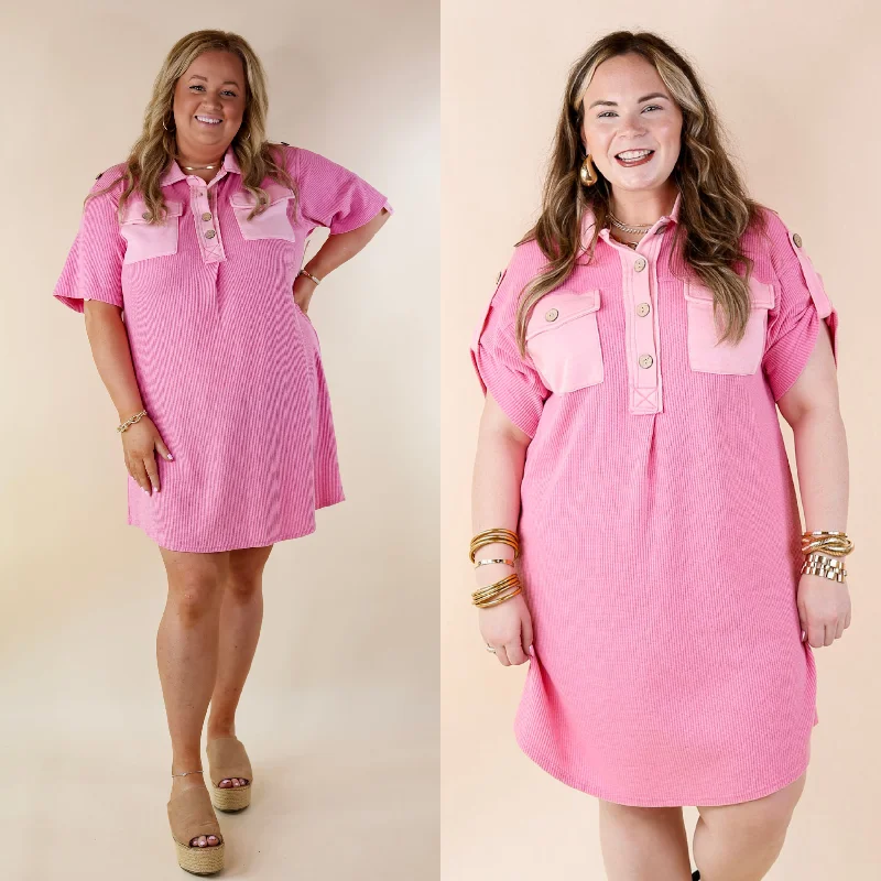 Mini dress for a night out-Vibe Check Waffle Knit Collared Dress in Pink