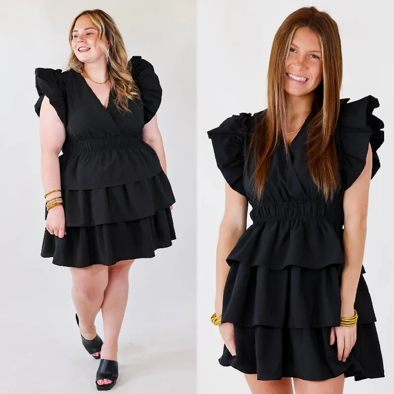 Mini dress with sheer panels-The Perfect Night Ruffle Cap Sleeve Dress in Black