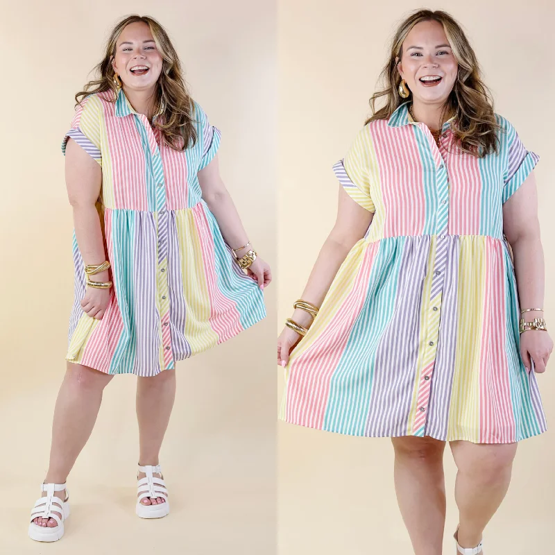 Mini dress with bold colors-Spring Symphony Multi Color Striped Dress with Collar