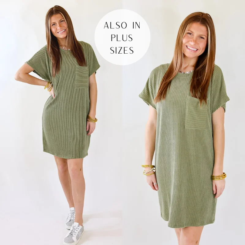 Mini dress with ruffled hem-Coffee and Carefree Ribbed Short Sleeve Dress with Front Pocket in Olive Green