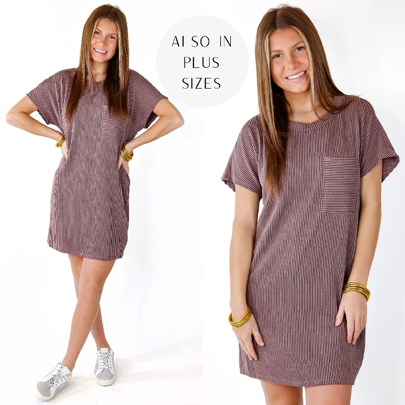 Mini dress with smocked bodice-Coffee and Carefree Ribbed Short Sleeve Dress with Front Pocket in Brown