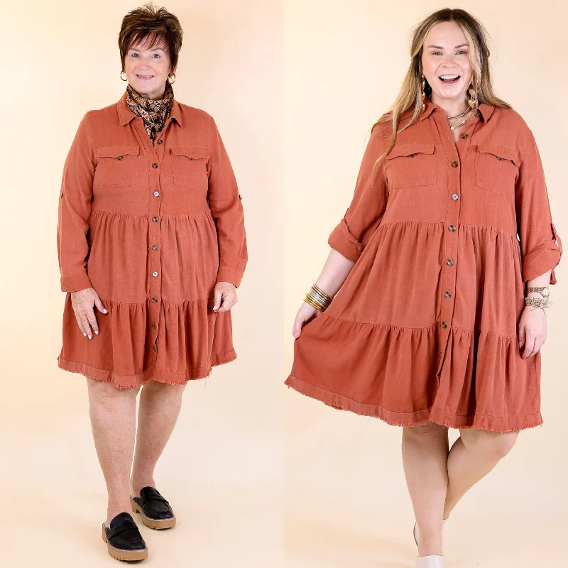 Mini dress with floral print-Chic Darling Ruffle Tiered Button Up Dress with Long Sleeves in Rust Orange