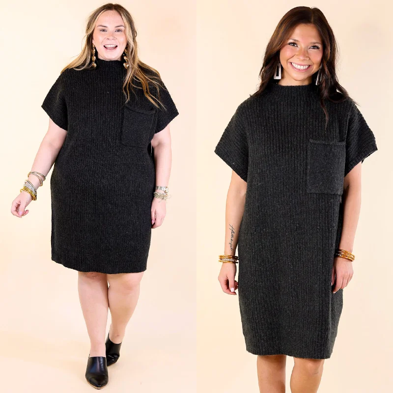 Mini dress with empire waist-City Sights Cap Sleeve Sweater Dress in Charcoal Black