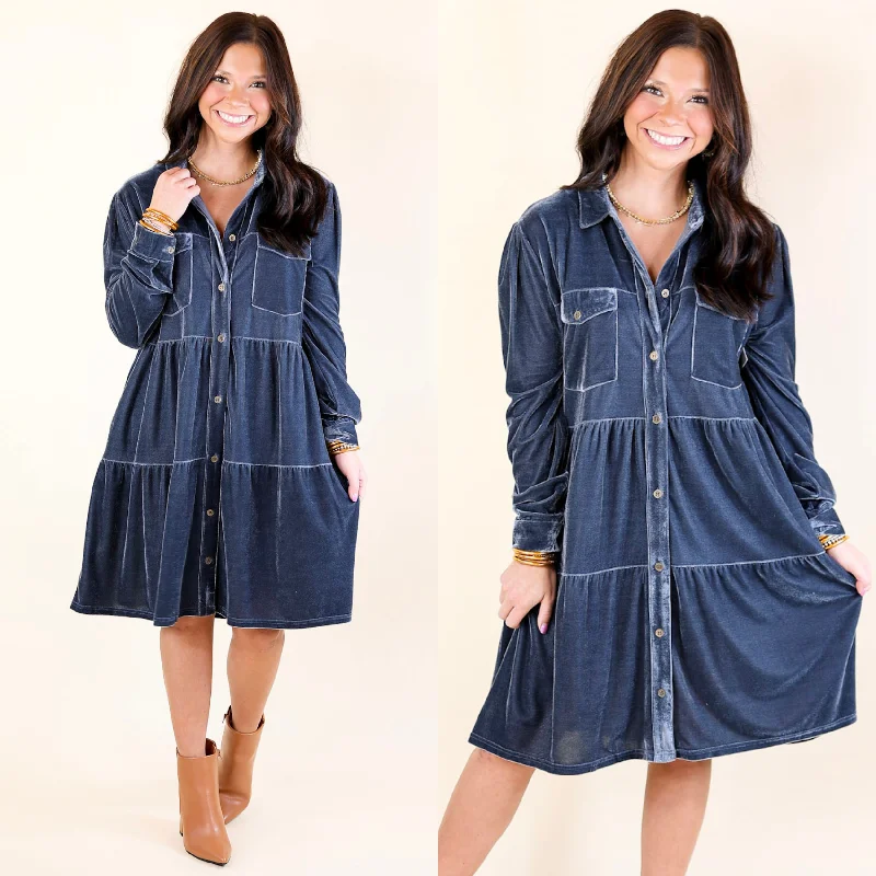 Mini dress with draped bodice-Grateful Gathering Velvet Button Up Dress with Long Sleeves in Steel Blue