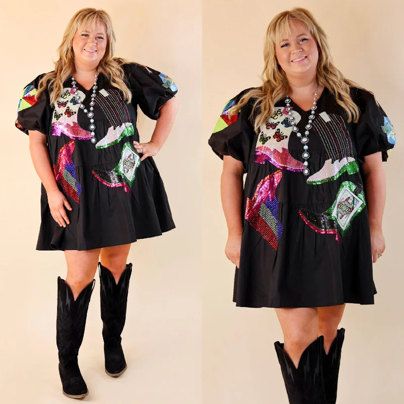 Mini dress with lace-up front-Queen Of Sparkles | Boot Scootin' Sequin Boot Icon Short Balloon Sleeve Dress in Black