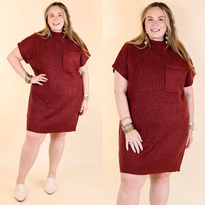 Mini dress with embroidered flowers-City Sights Cap Sleeve Sweater Dress in Maroon