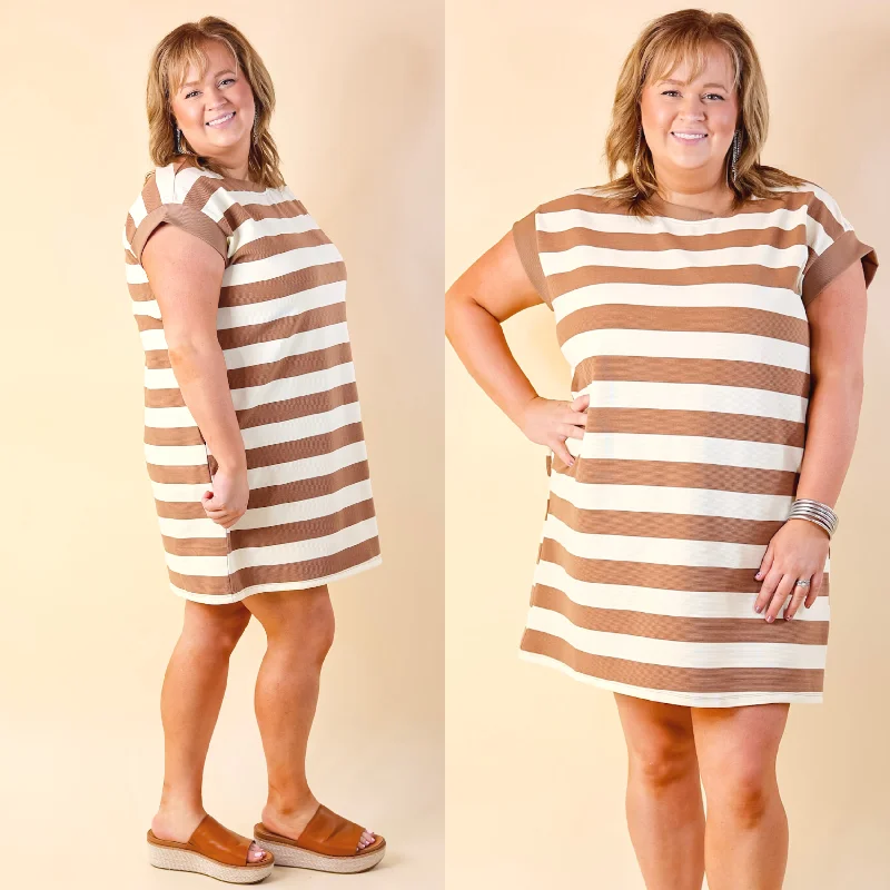 Mini dress with cowl neck-Stripe it Simple Striped Dress with Cap Sleeves in Taupe and Cream