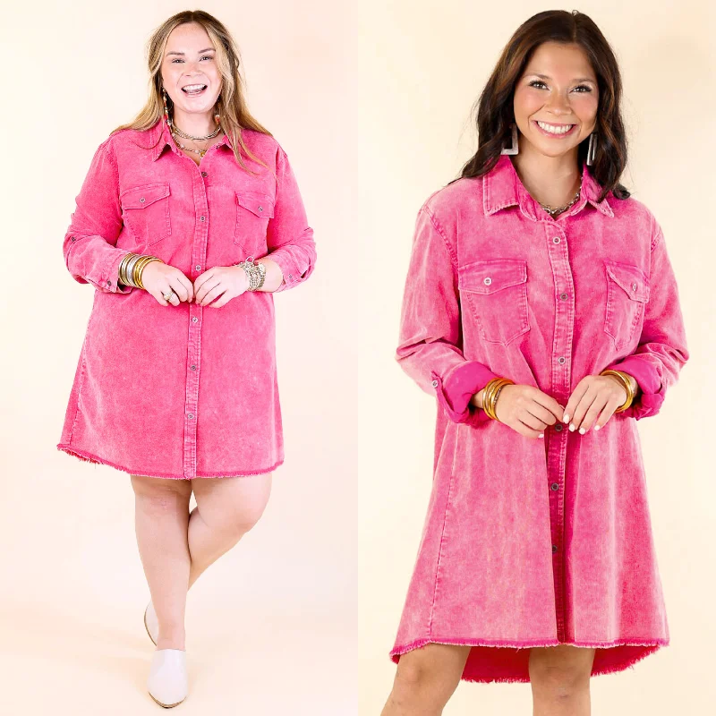 Mini dress with elastic waistband-Patio Date Button Up Long Sleeve Corduroy Dress in Pink