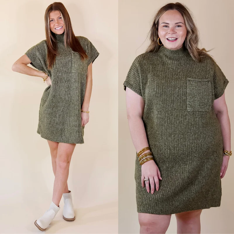 Mini dress with modern design-City Sights Cap Sleeve Sweater Dress in Olive Green