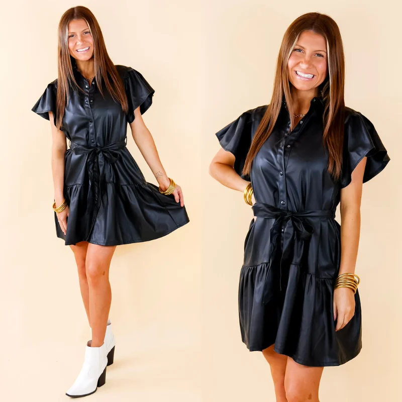 Mini dress with one shoulder-Last Chance Size Small | Make Your Point Button Up Faux Leather Dress in Black