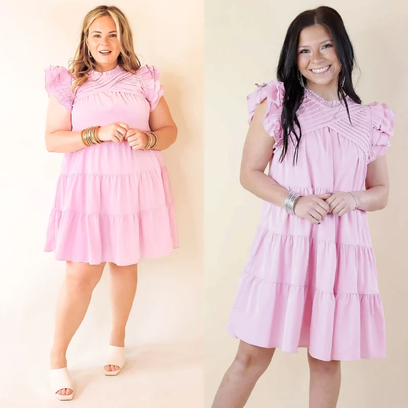 Mini dress with neon colors-Chic On Scene Ruffle Tiered Dress with Pleated Detailing in Light Pink