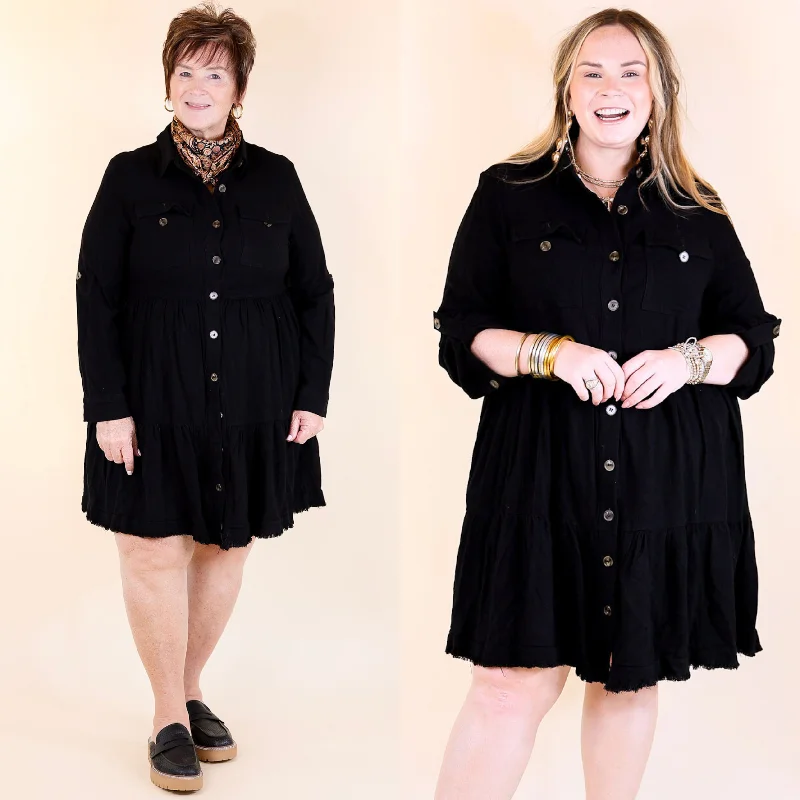 Mini dress with flared skirt-Chic Darling Ruffle Tiered Button Up Dress with Long Sleeves in Black