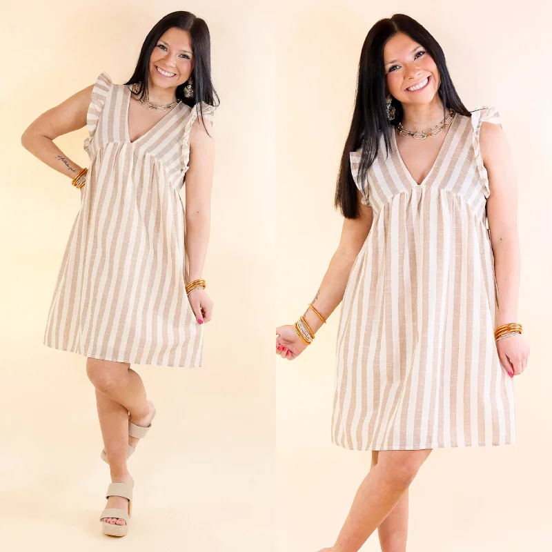 Mini dress with cut-out details-Easy Going Striped Babydoll Dress with Ruffle Cap Sleeves in Taupe