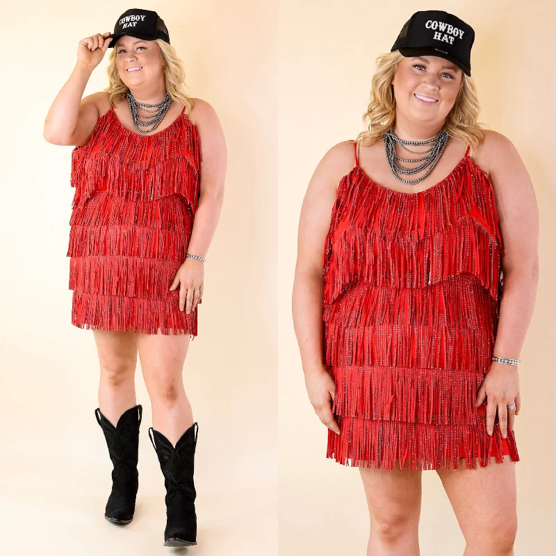 Mini dress with illusion sleeves-Cowboy Killer Crystal Fringe Dress in Red