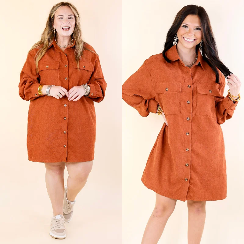 Mini dress with knot front-Peanut Brittle Button Up Corduroy Long Sleeve Dress in Rust Orange