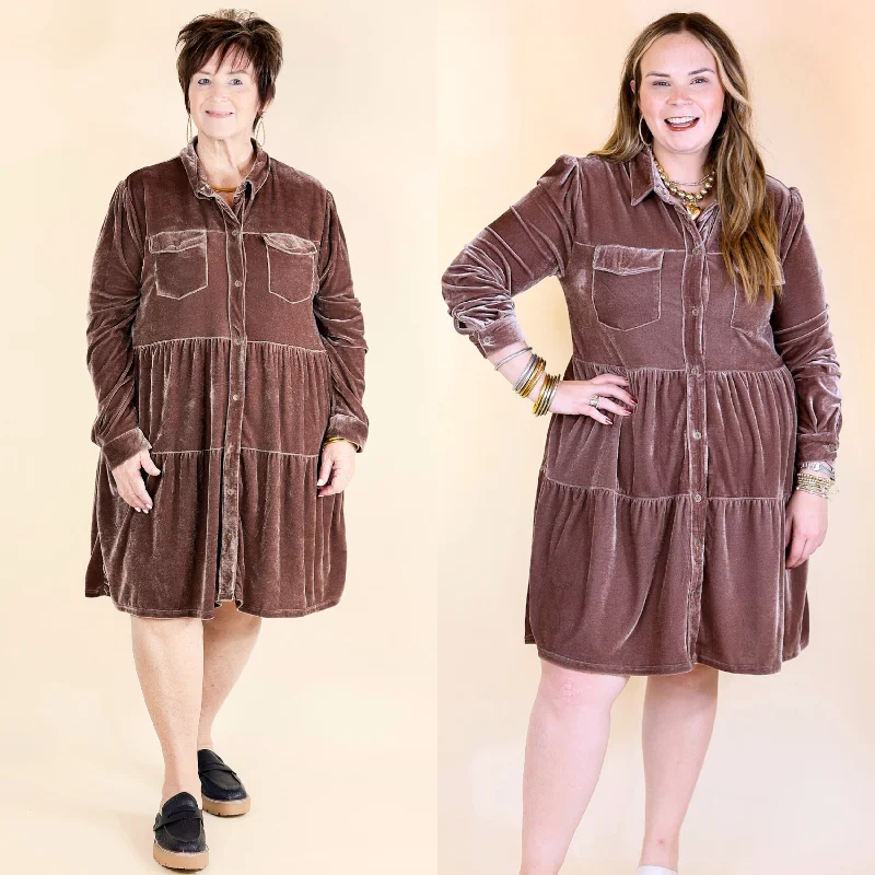 Mini dress with classic stripes-Grateful Gathering Velvet Button Up Dress with Long Sleeves in Almond Brown