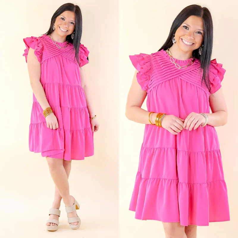 Mini dress with metallic threads-Chic On Scene Ruffle Tiered Dress with Pleated Detailing in Pink