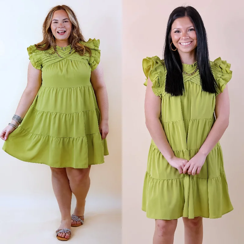 Mini dress with off-shoulder neckline-Chic On Scene Ruffle Tiered Dress with Pleated Detailing in Pistachio Green