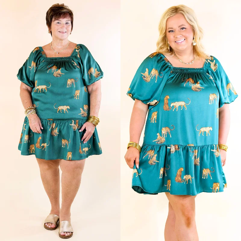 Mini dress with tiered layers-Flirting For Fun Leopard Print Satin Midi Dress in Hunter Teal Blue