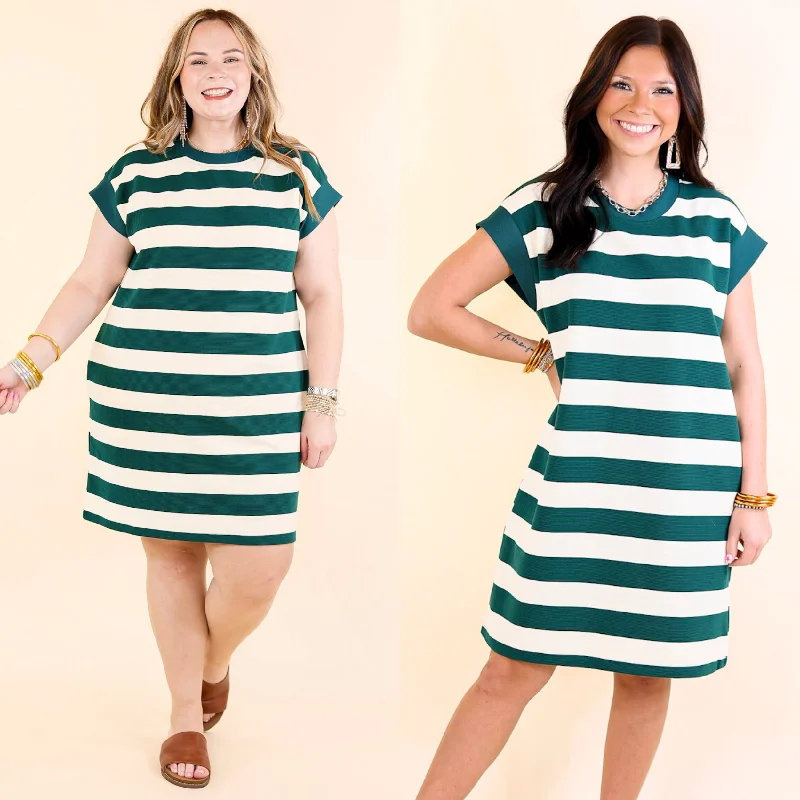 Mini dress with high neckline-Stripe it Simple Striped Dress with Cap Sleeves in Forest Green and Cream